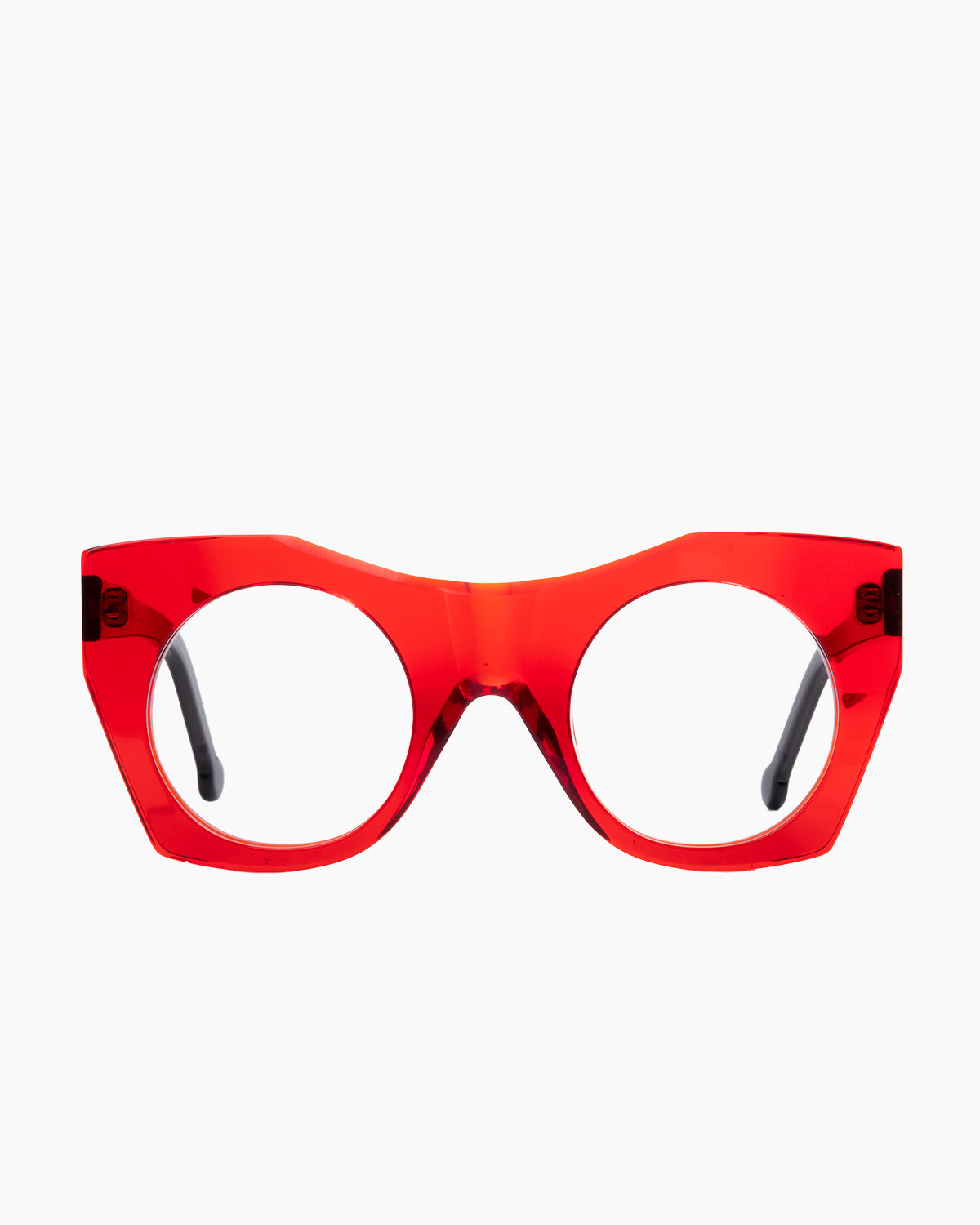 red plastic round eyeglasses by Marie-Sophie Dion model McKee, front view, lunettes de vue rond couleur rouge