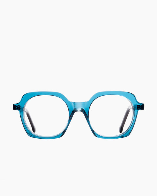 blue plastic hexagon eyeglasses by Marie-Sophie Dion model Aronson, front view, lunettes de vue hexagone couleur bleu