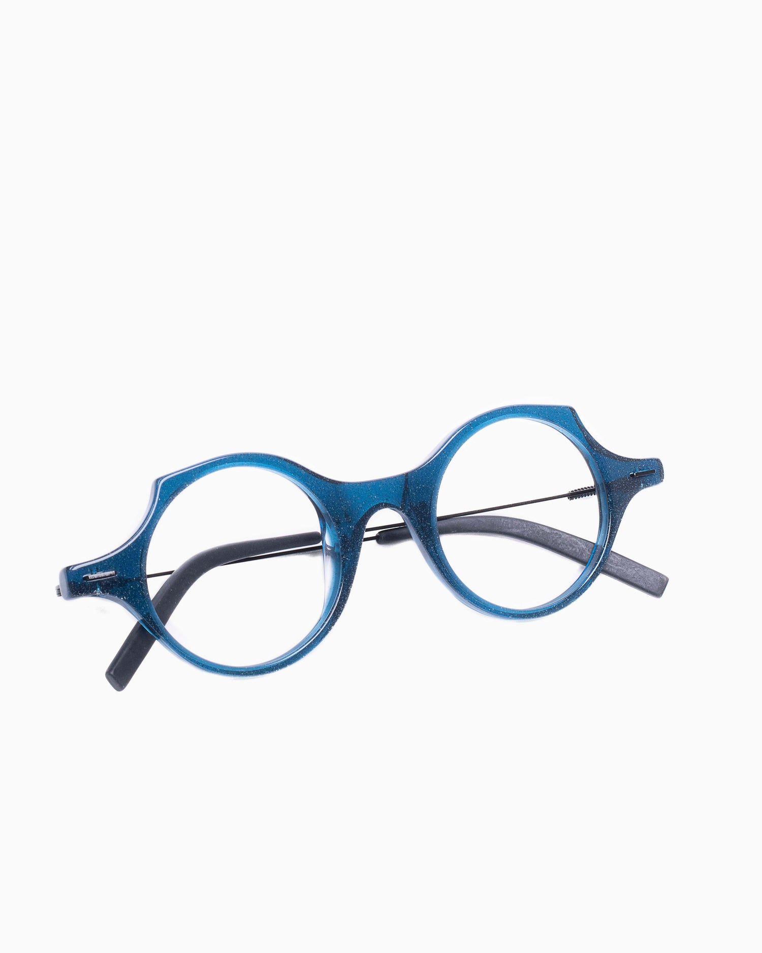 blue plastic round eyeglasses by Theo model patatas, front view, lunettes de vue rond couleur Bleu