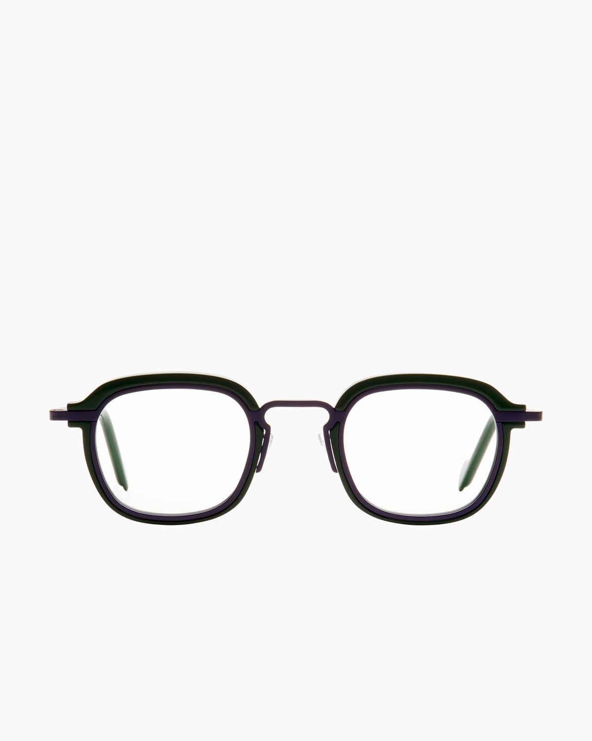 green metal rectangle eyeglasses by Anne et Valentin model M15, front view, lunettes de vue rectangle couleur vert