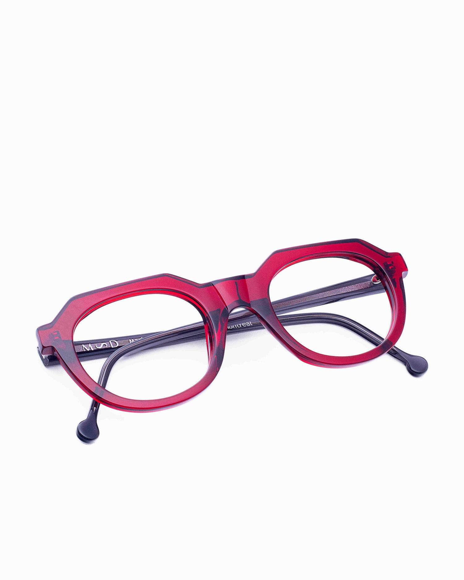 red plastic oval eyeglasses by Marie-Sophie Dion model Boutcheri, front view, lunettes de vue ovale couleur bourgogne
