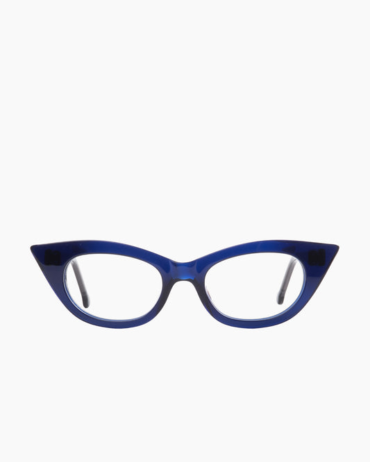 blue plastic cat eyeglasses by Marie-Sophie Dion model Chatelier, front view, lunettes de vue chat couleur bleu