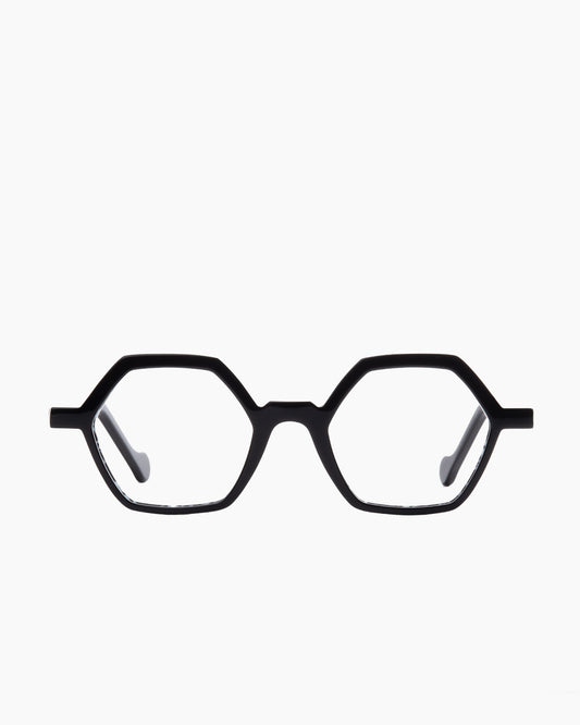 black plastic hexagon eyeglasses by Anne et Valentin model azur, front view, lunettes de vue hexagone couleur noir