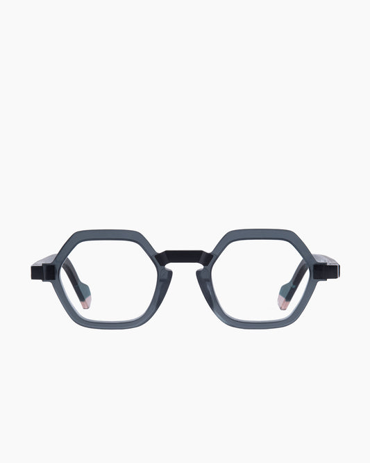 grey plastic hexagon eyeglasses by Anne et Valentin model RAW5, front view, lunettes de vue hexagone couleur Gris