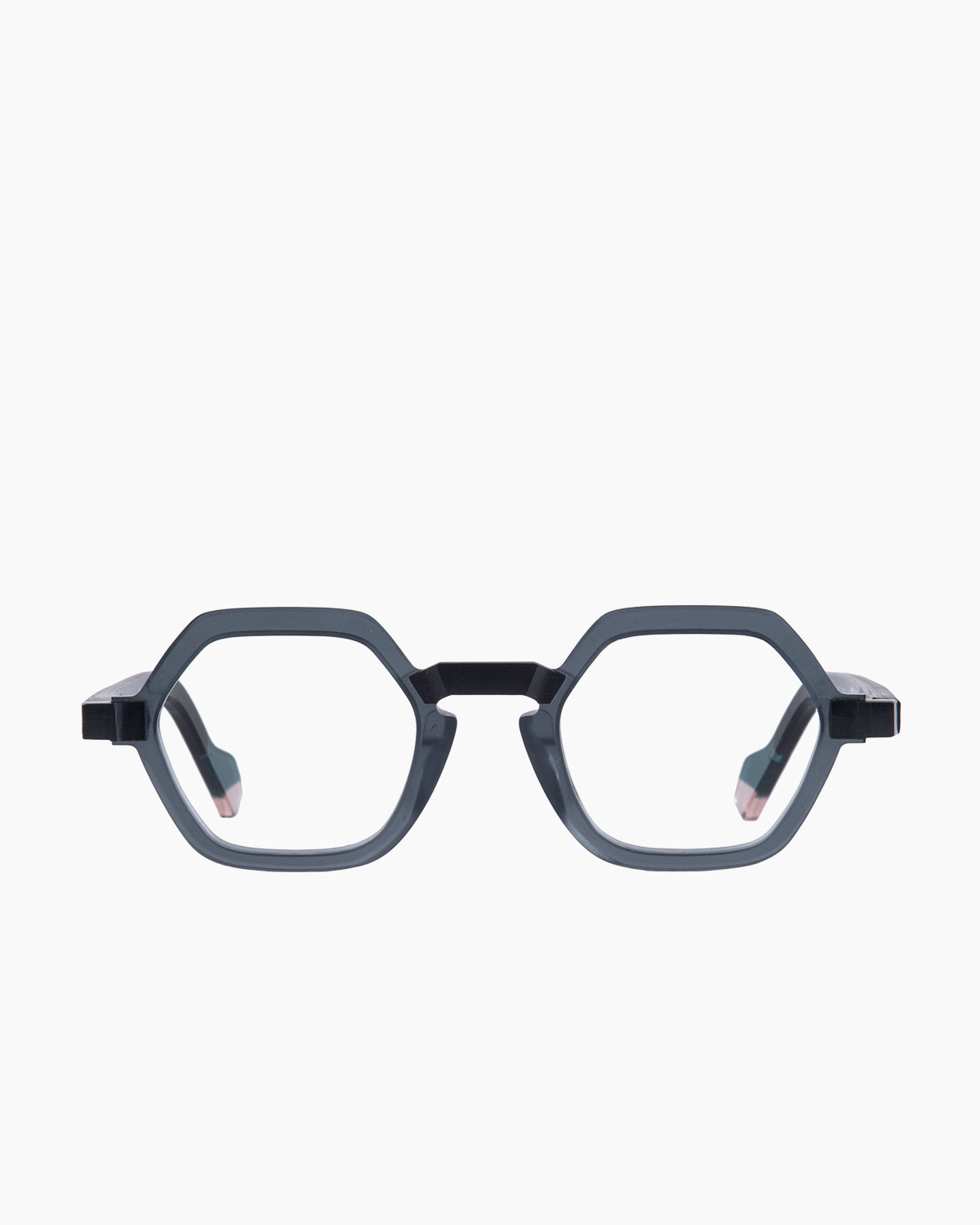 grey plastic hexagon eyeglasses by Anne et Valentin model RAW5, front view, lunettes de vue hexagone couleur Gris