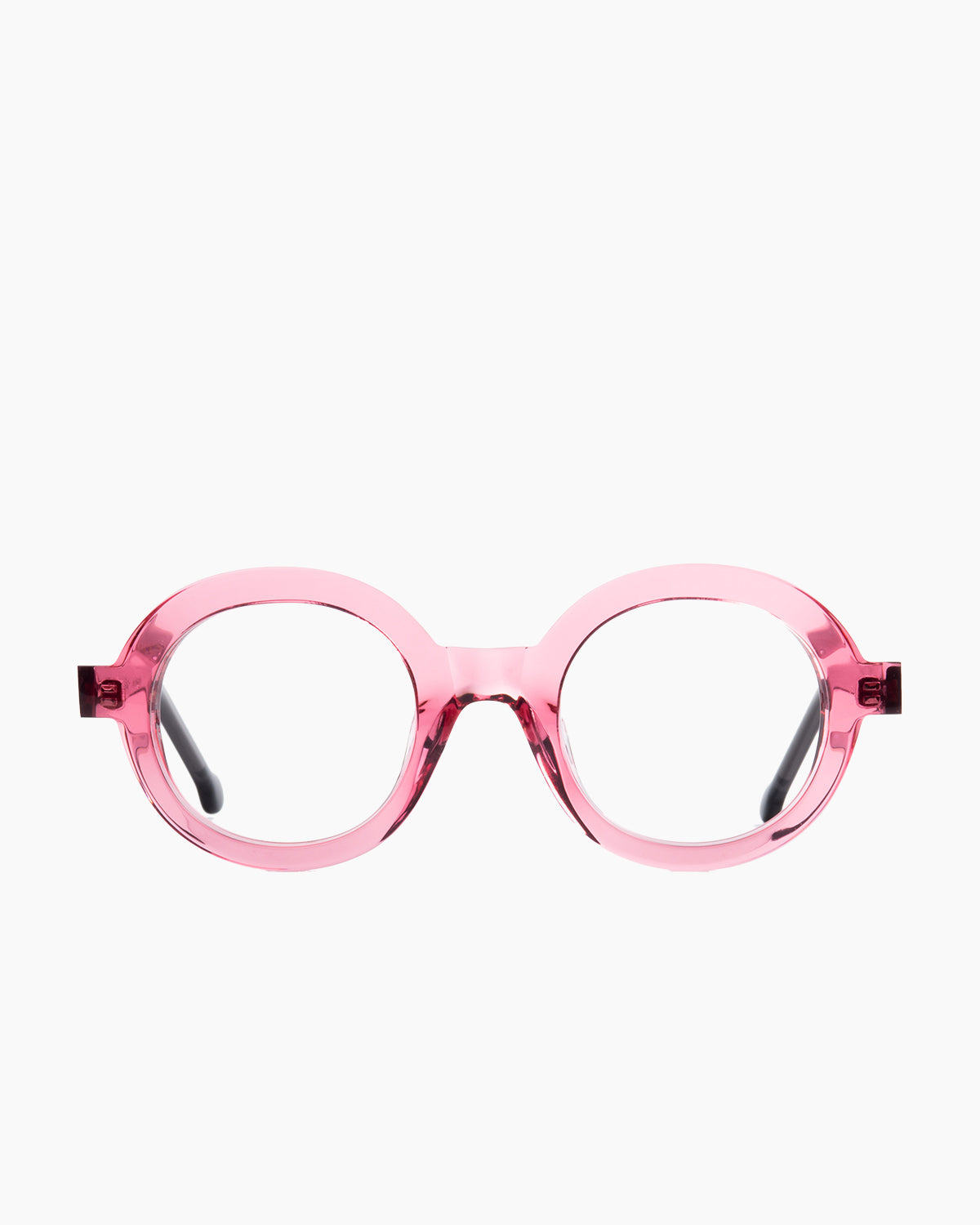 pink plastic round eyeglasses by Marie-Sophie Dion model Luisa, front view, lunettes de vue rond couleur rose