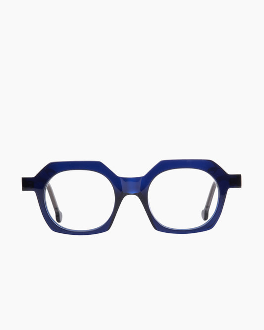 blue plastic round eyeglasses by Marie-Sophie Dion model Beaudoin, front view, lunettes de vue rond couleur Bleu