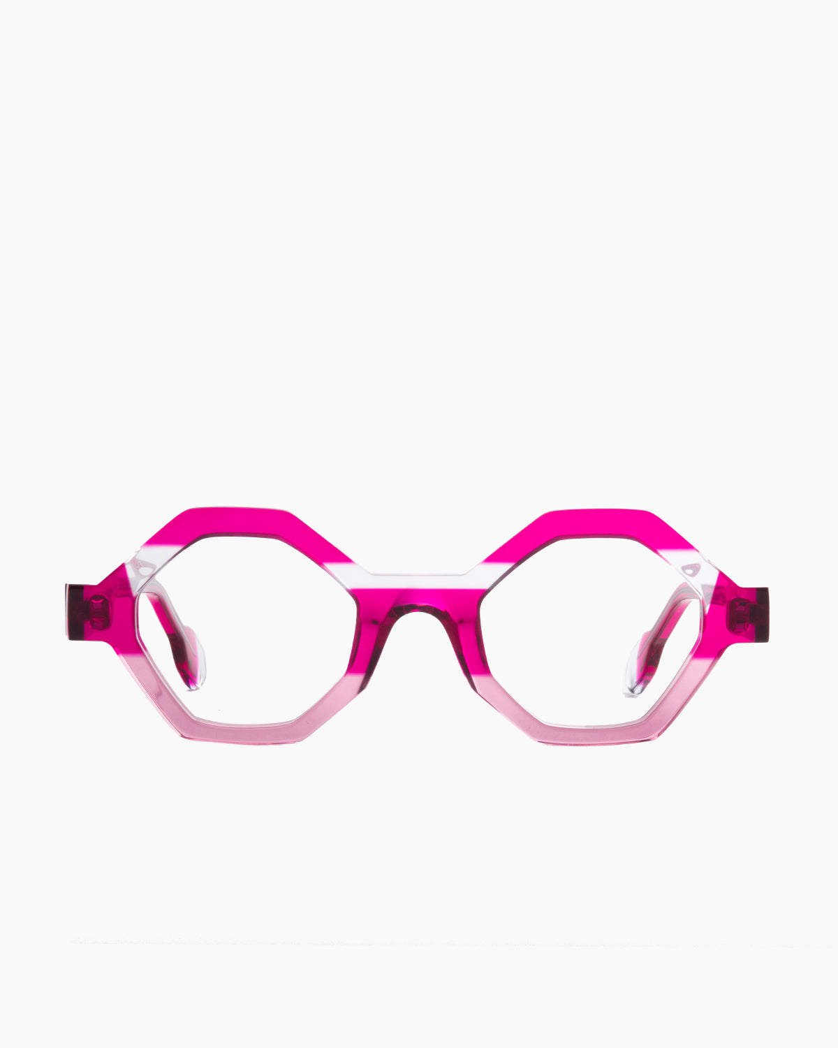 pink plastic hexagon eyeglasses by Anne et Valentin model HAHA, front view, lunettes de vue hexagone couleur rose