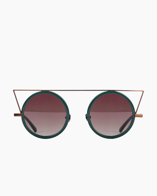 green metal round sunglassesby Gamine model QuadrilateroS, front view, lunettes de vue rond couleur Vert