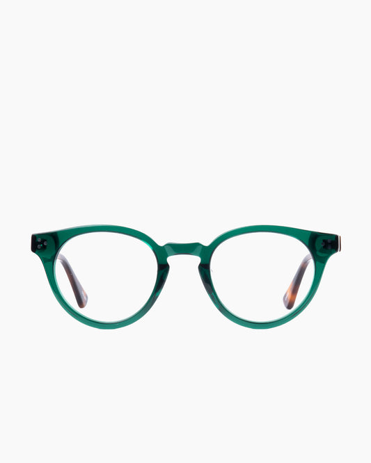 green plastic round eyeglasses by Evolve model Stills, front view, lunettes de vue rond couleur Vert
