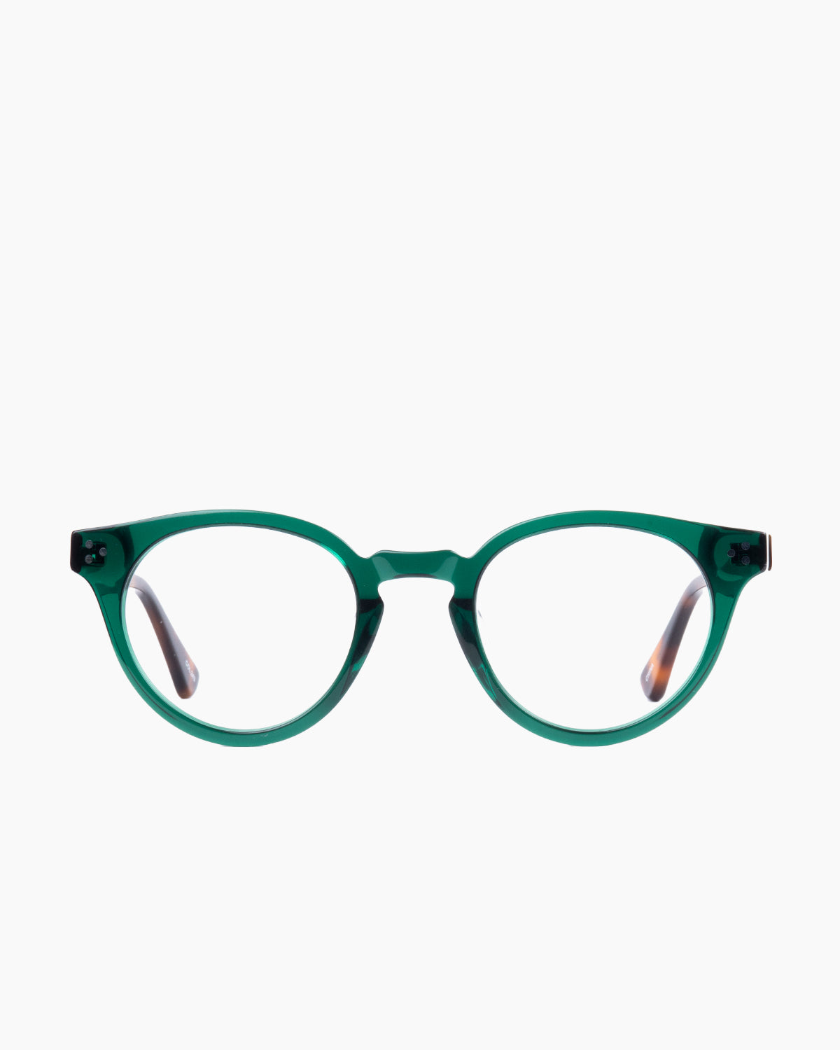green plastic round eyeglasses by Evolve model Stills, front view, lunettes de vue rond couleur Vert