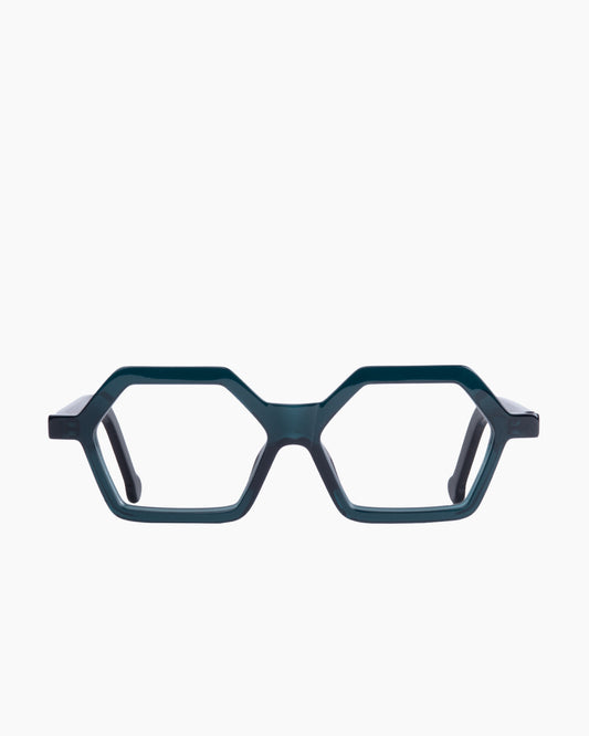 green plastic hexagon eyeglasses by Marie-Sophie Dion model Geneve, front view, lunettes de vue hexagone couleur Vert