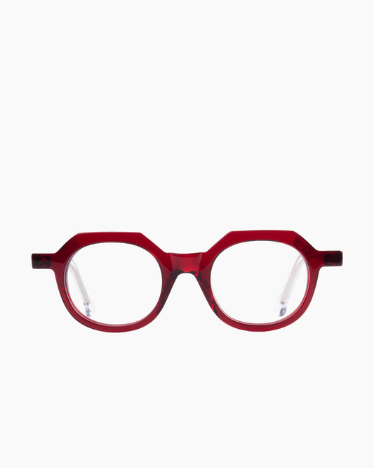 burgundy plastic round eyeglasses by Marie-Sophie Dion model Larouche, front view, lunettes de vue rond couleur bourgogne