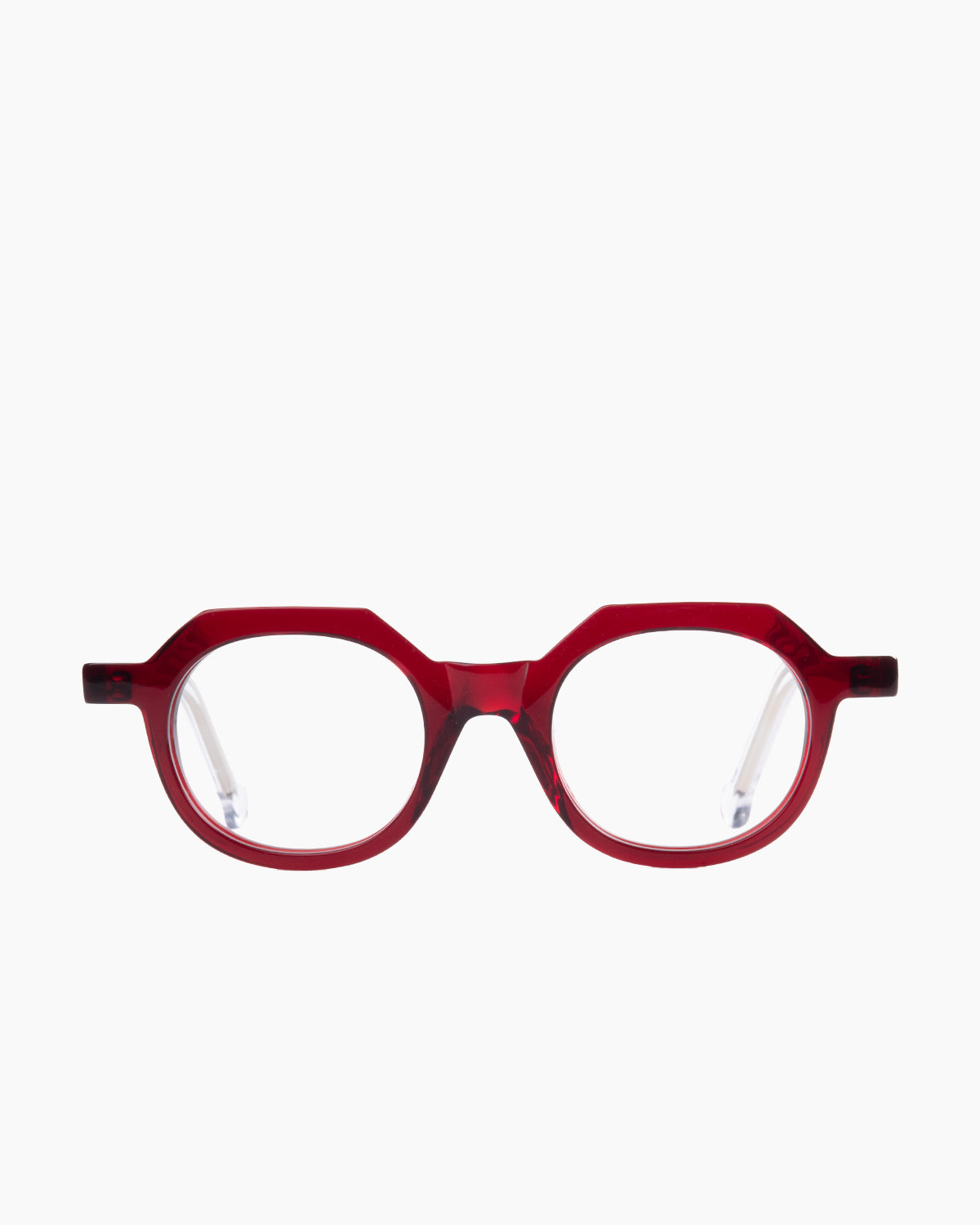 burgundy plastic round eyeglasses by Marie-Sophie Dion model Larouche, front view, lunettes de vue rond couleur bourgogne