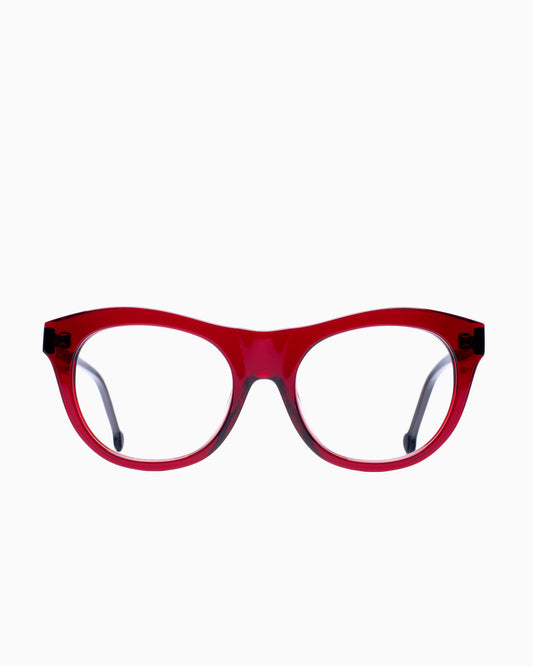 red plastic oval eyeglasses by Marie-Sophie Dion model Millard, front view, lunettes de vue ovale couleur bourgogne