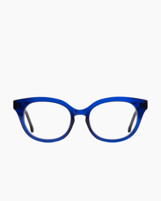 blue plastic cat eyeglasses by Marie-Sophie Dion model Gaudet, front view, lunettes de vue chat couleur bleu