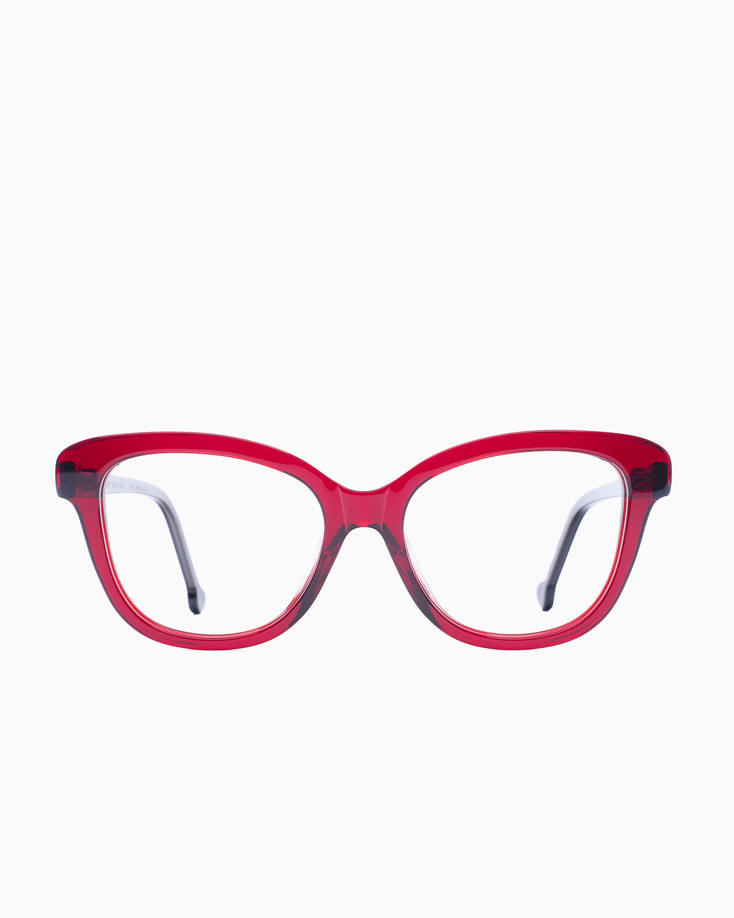 red plastic butterfly eyeglasses by Marie-Sophie Dion model Lamy, front view, lunettes de vue papillon couleur bourgogne
