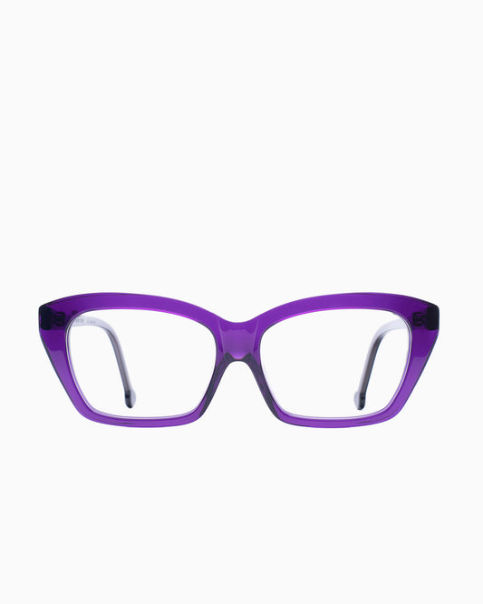 purple plastic butterfly eyeglasses by Marie-Sophie Dion model Pageau, front view, lunettes de vue papillon couleur violet