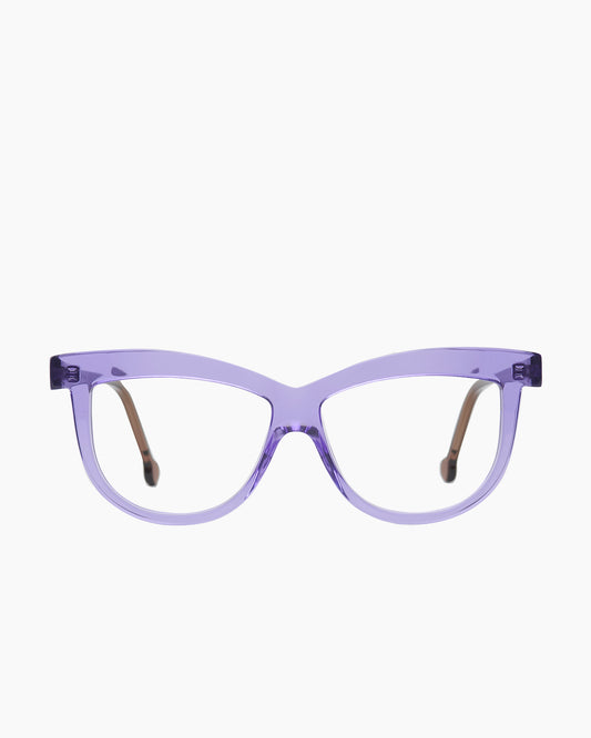 purple plastic cat eyeglasses by Marie-Sophie Dion model Elis, front view, lunettes de vue chat couleur violet