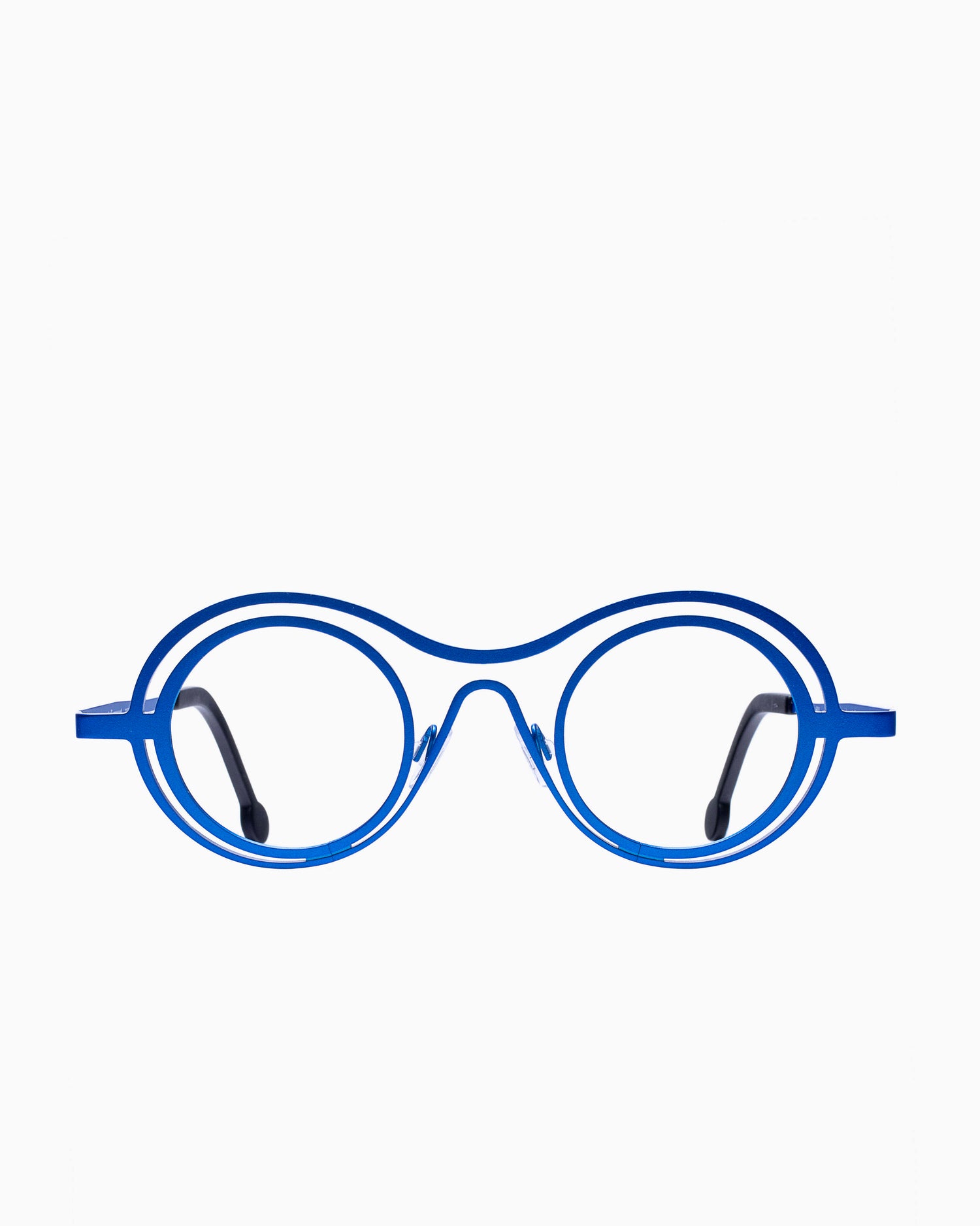 blue metal round eyeglasses by Theo model Conversation, front view, lunettes de vue rond couleur Bleu