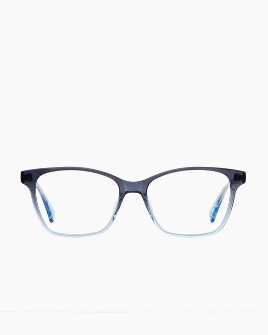 blue plastic butterfly eyeglasses by Evolve model Freya, front view, lunettes de vue papillon couleur bleu