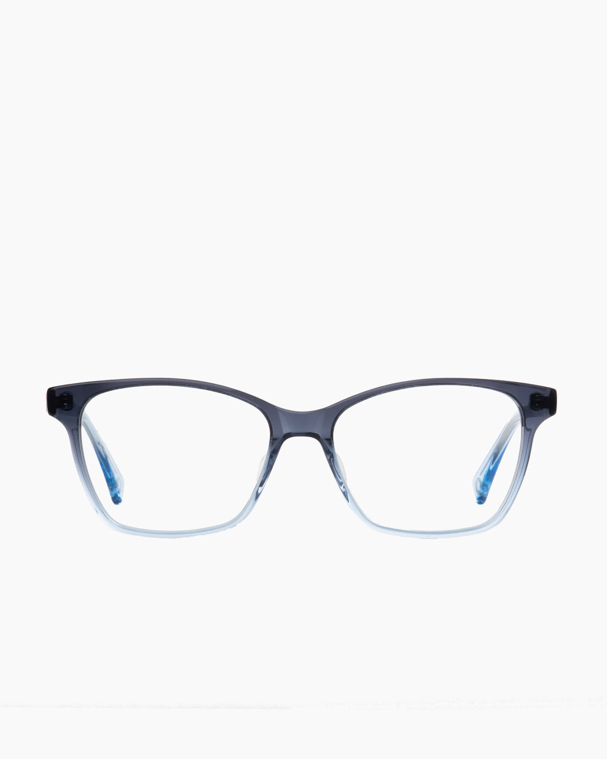 blue plastic butterfly eyeglasses by Evolve model Freya, front view, lunettes de vue papillon couleur bleu