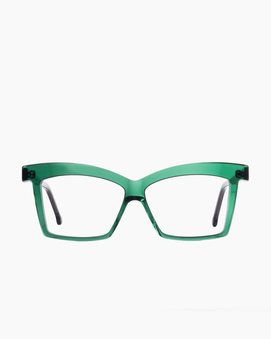green plastic butterfly eyeglasses by Marie-Sophie Dion model Elkas, front view, lunettes de vue papillon couleur vert