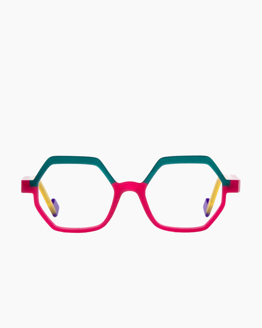 pink plastic hexagon eyeglasses by Anne et Valentin model LOGIK, front view, lunettes de vue hexagone couleur rose