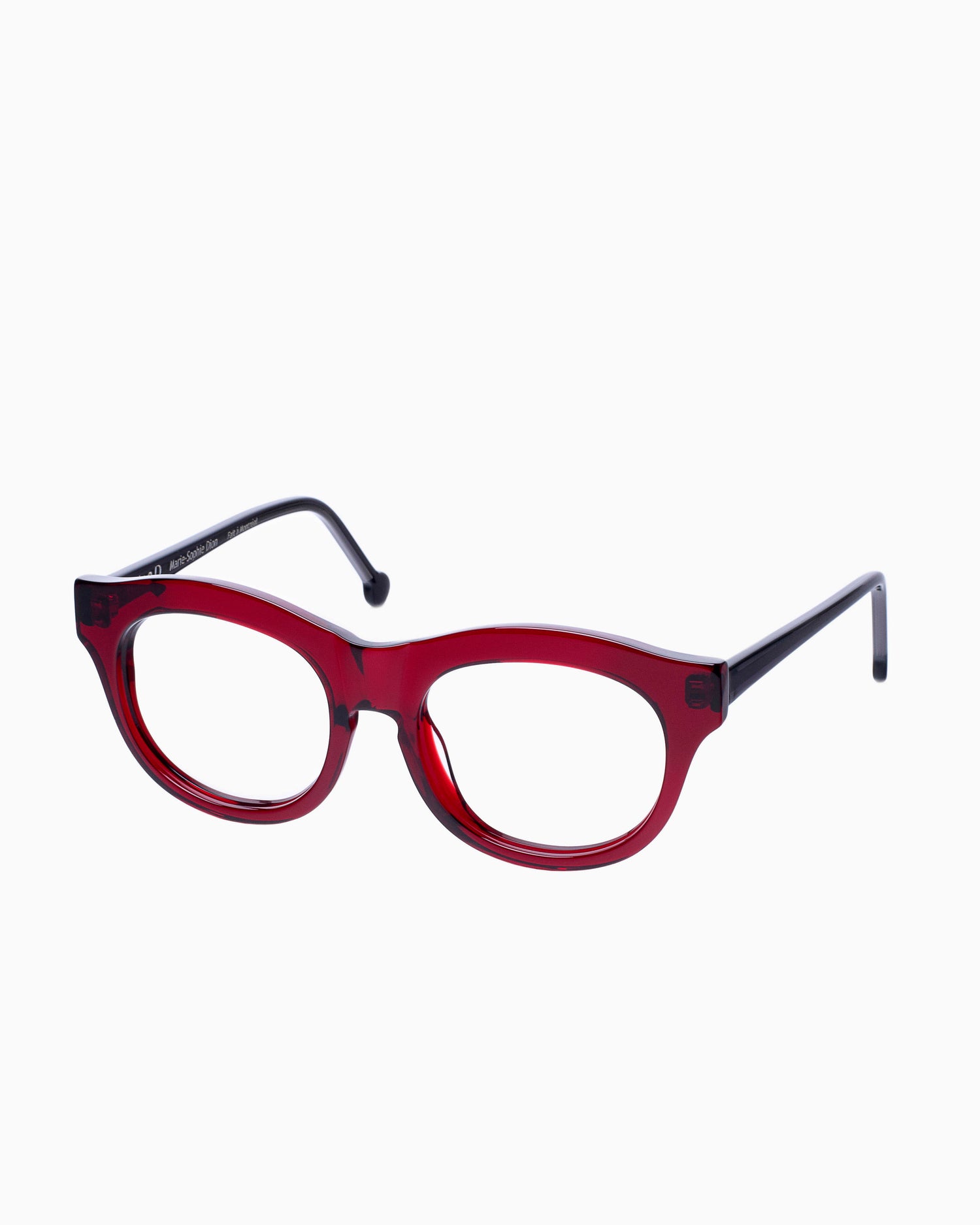 burgundy plastic round eyeglasses by Marie-Sophie Dion model Carette, front view, lunettes de vue rond couleur bourgogne