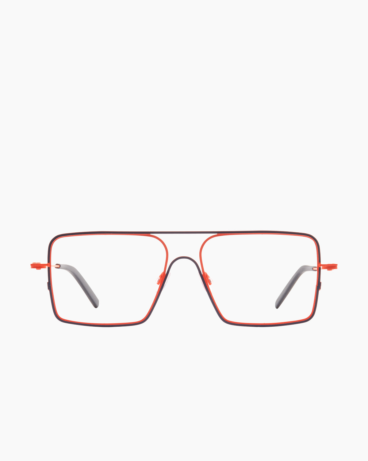 orange metal rectangle eyeglasses by Theo model Isohel, front view, lunettes de vue rectangle couleur orange
