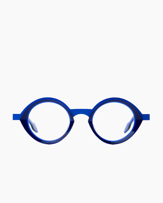 blue plastic round eyeglasses by Theo model pipe, front view, lunettes de vue rond couleur bleu