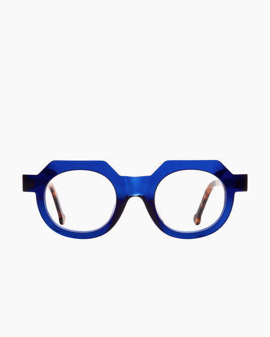 blue plastic round eyeglasses by Marie-Sophie Dion model Sow, front view, lunettes de vue rond couleur bleu