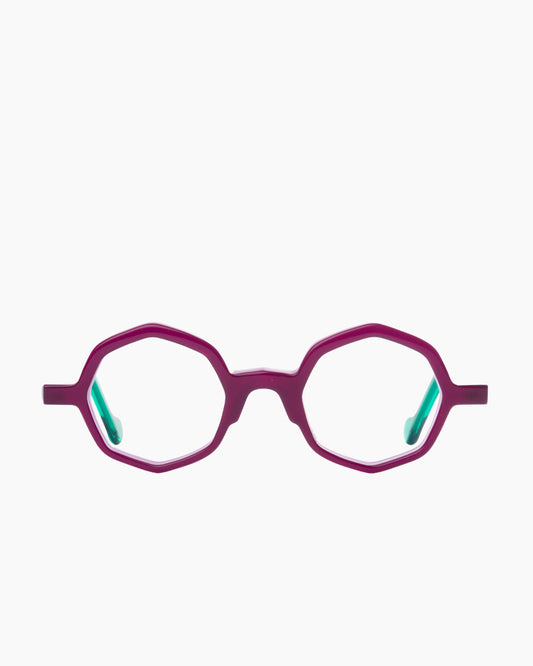purple plastic octogon eyeglasses by Anne et Valentin model Adelys, front view, lunettes de vue octogone couleur violet