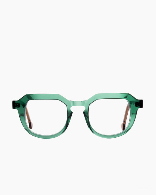 green plastic round eyeglasses by Marie-Sophie Dion model Galviston, front view, lunettes de vue rond couleur vert