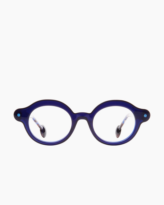 blue plastic oval eyeglasses by Anne et Valentin model Boing, front view, lunettes de vue ovale couleur bleu