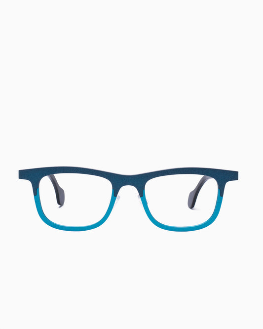 blue metal rectangle eyeglasses by Theo model mille+54, front view, lunettes de vue rectangle couleur Bleu