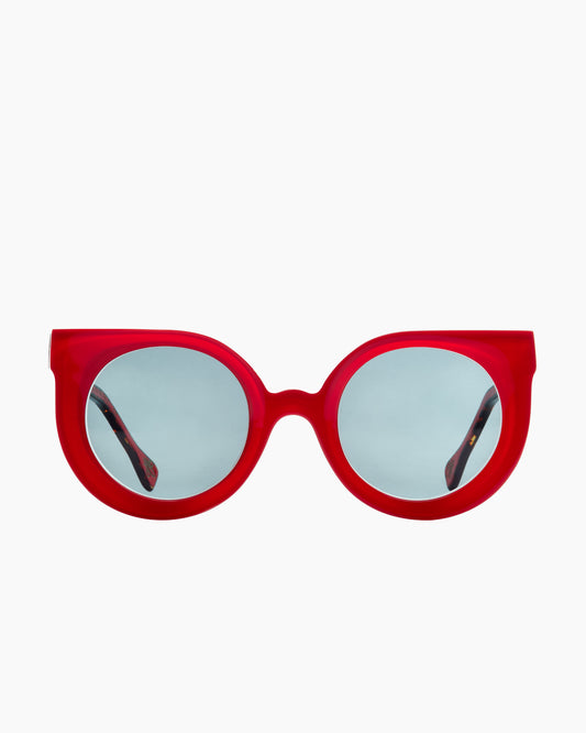 red plastic round  sunglassesby Xavier Derome model PROVIDENCE, front view, lunettes de vue rond couleur rouge