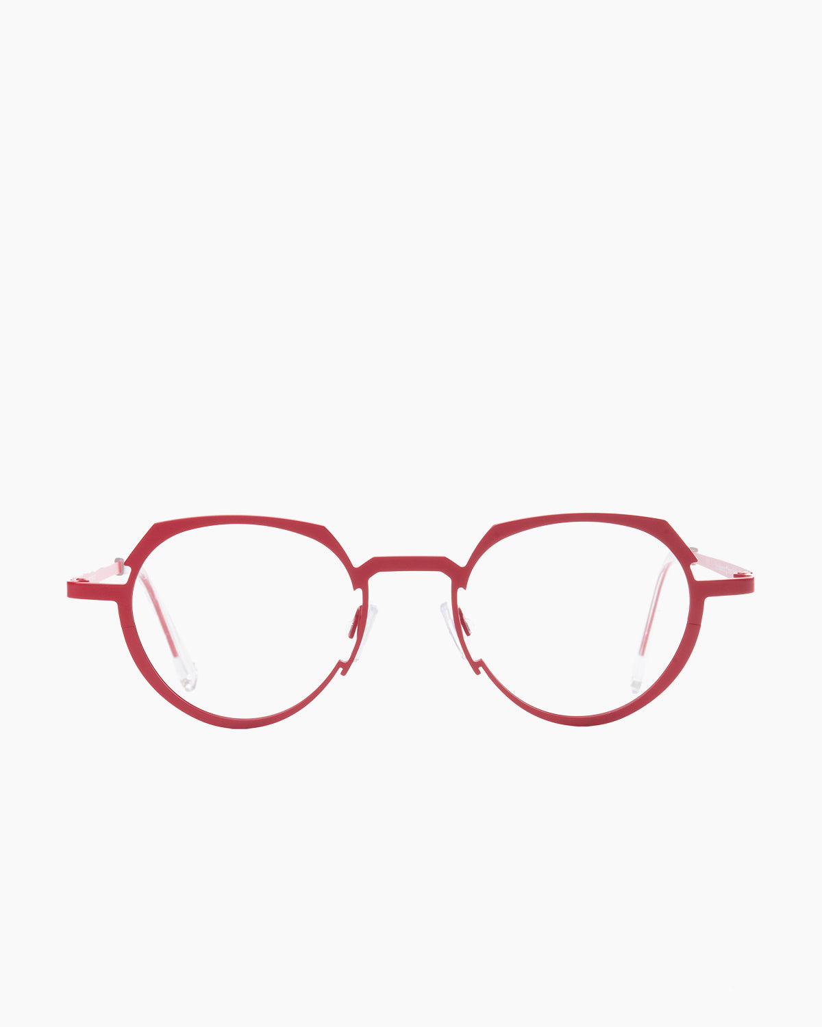 red metal round eyeglasses by Theo model RECEIVER, front view, lunettes de vue rond couleur rouge