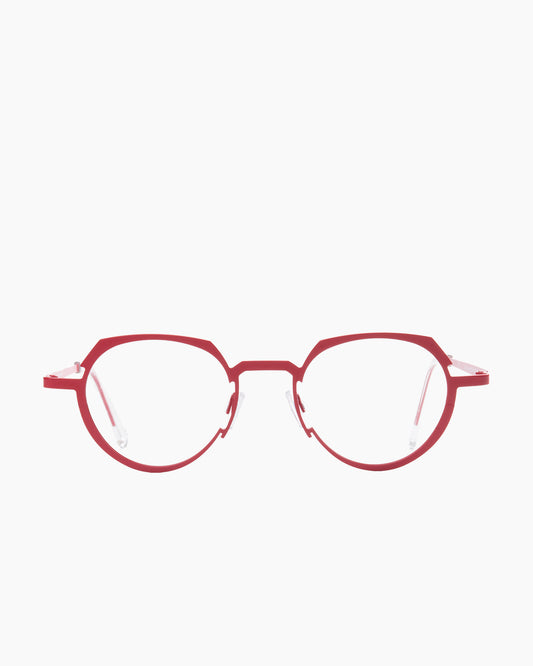 red metal round eyeglasses by Theo model RECEIVER, front view, lunettes de vue rond couleur rouge