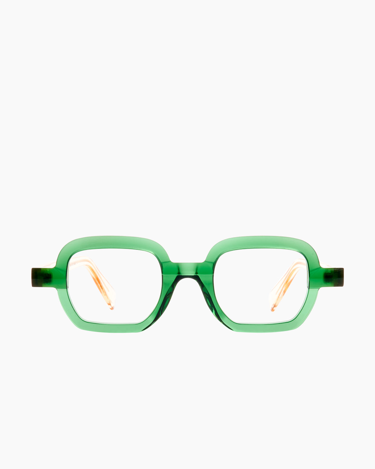green plastic rectangle eyeglasses by Anne et Valentin model reflet, front view, lunettes de vue rectangle couleur vert