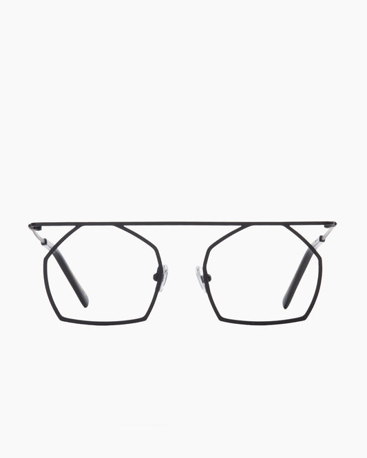 black metal hexagon eyeglasses by Gamine model PINHEIROS, front view, lunettes de vue hexagone couleur noir