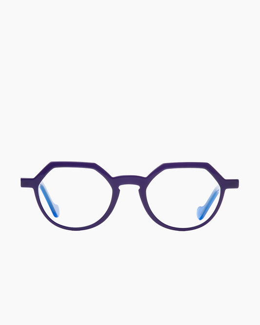 purple plastic round eyeglasses by Anne et Valentin model Ayo, front view, lunettes de vue rond couleur violet