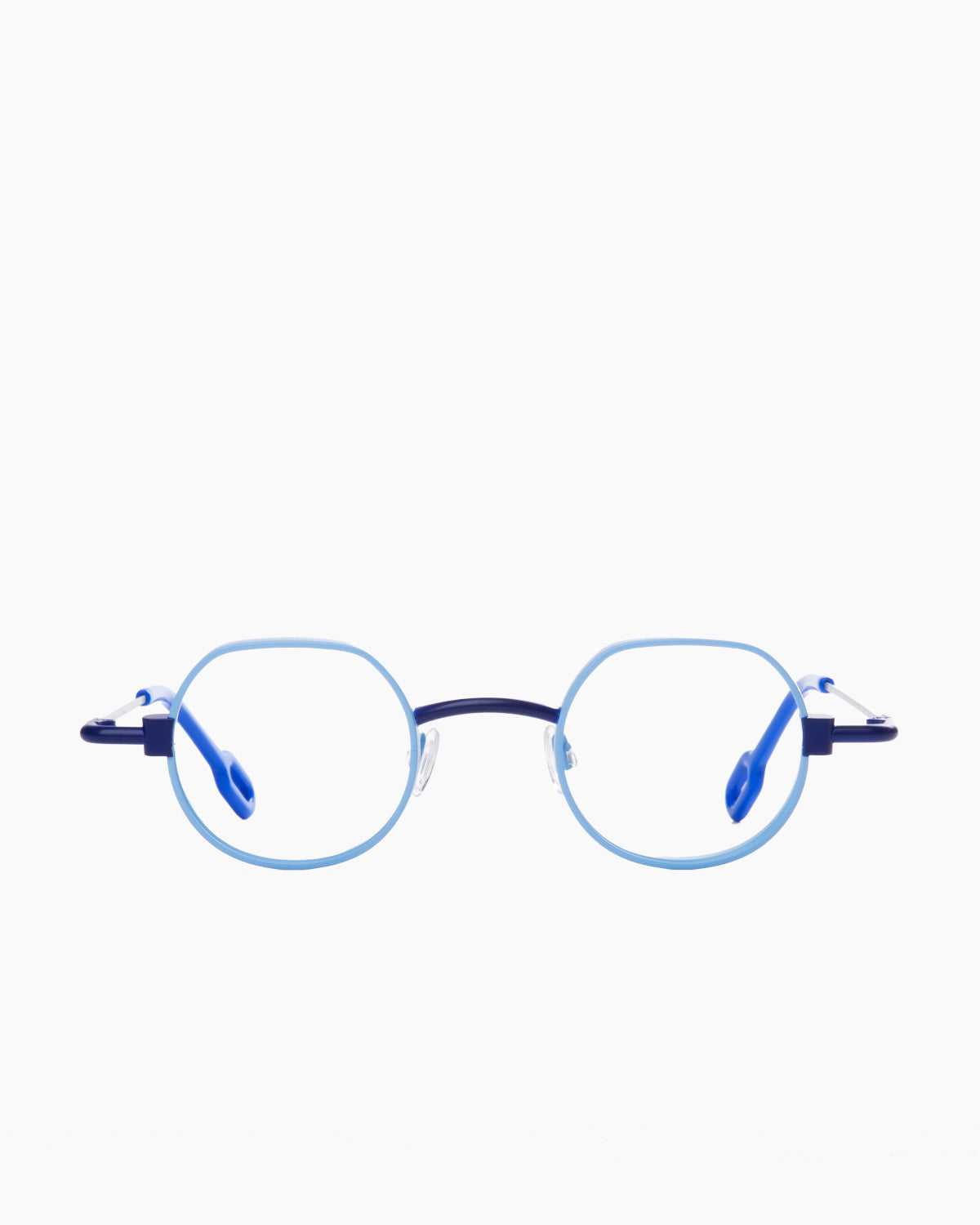 blue metal round eyeglasses by Anne et Valentin model MECABOLD, front view, lunettes de vue rond couleur bleu