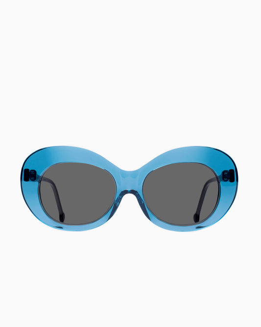 blue plastic oval  sunglassesby Marie-Sophie Dion model MorinSun, front view, lunettes de vue  couleur Bleu