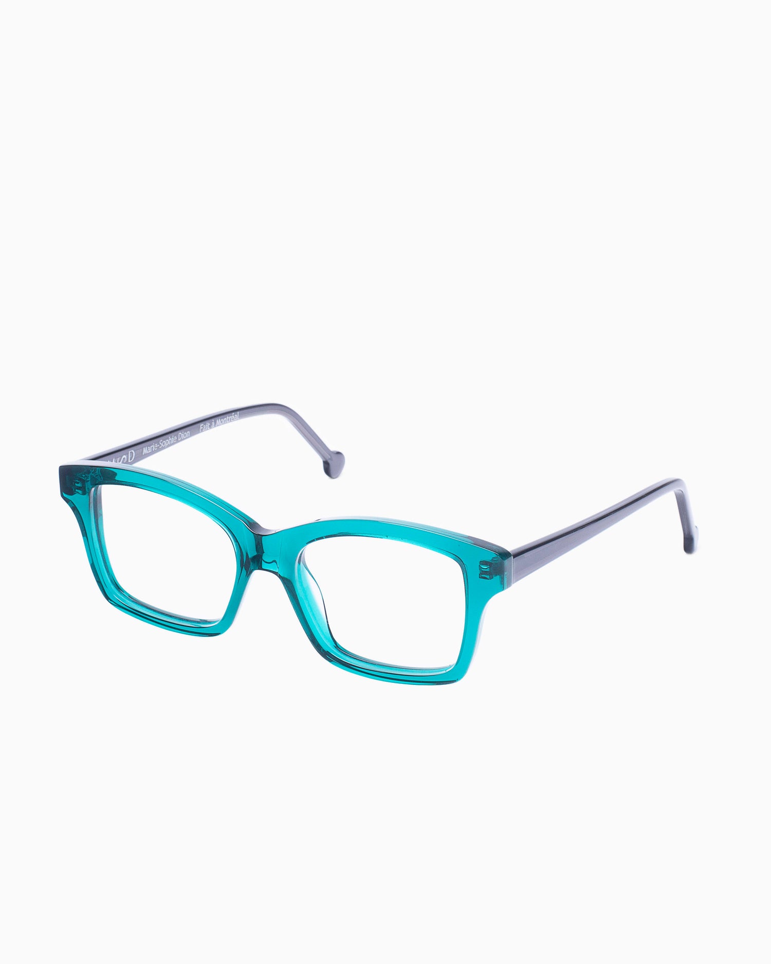 green plastic butterfly eyeglasses by Marie-Sophie Dion model Giguere, front view, lunettes de vue papillon couleur Vert