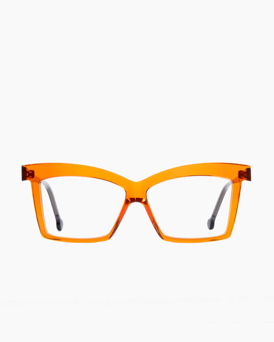 orange plastic butterfly eyeglasses by Marie-Sophie Dion model Elkas, front view, lunettes de vue papillon couleur Orange
