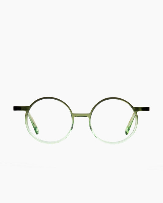 green plastic round eyeglasses by Gamine model Södermalm kids, front view, lunettes de vue rond couleur vert