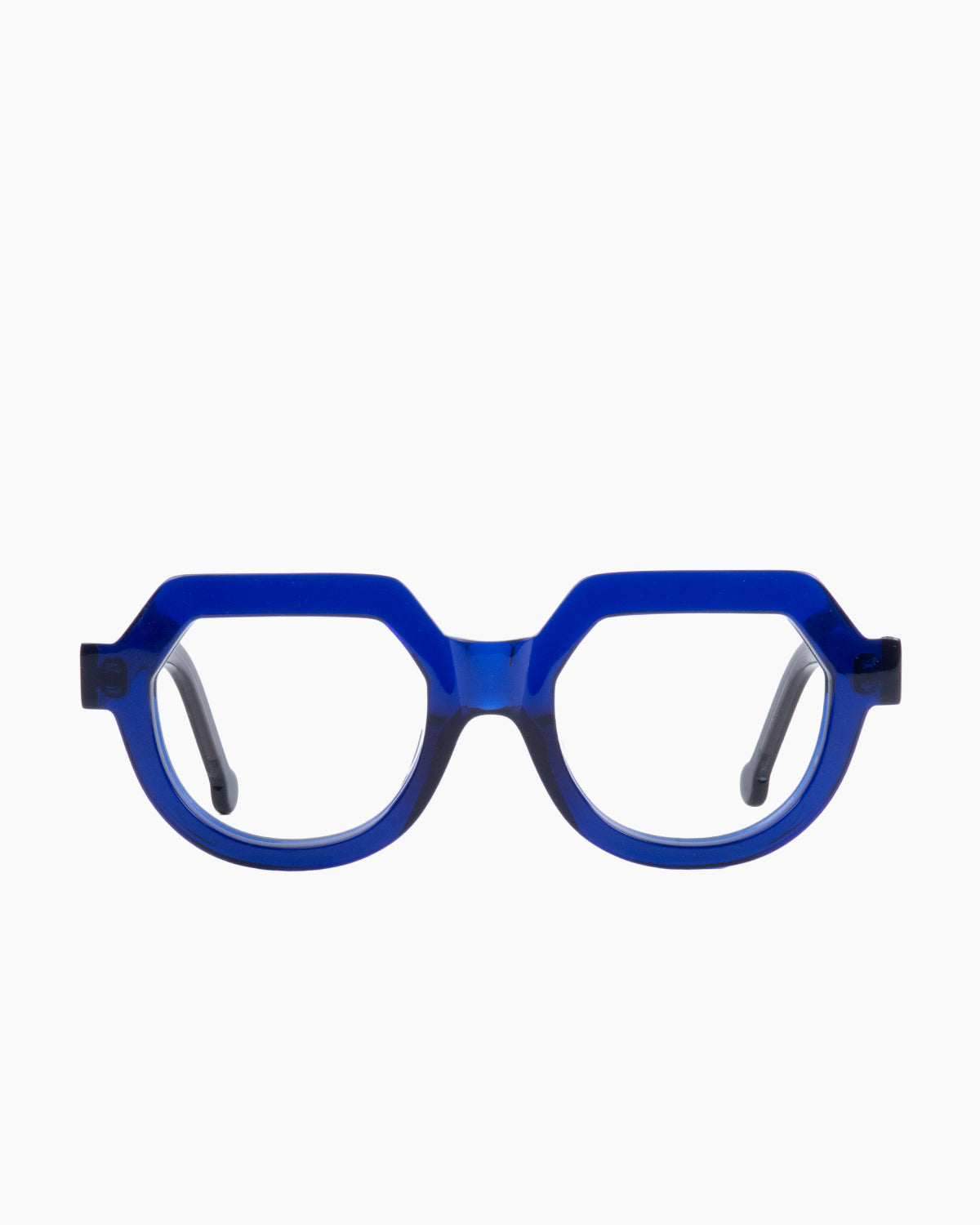 blue plastic round eyeglasses by Marie-Sophie Dion model Andrey, front view, lunettes de vue rond couleur bleu