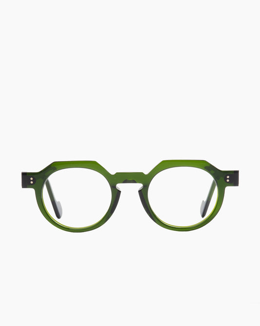 green plastic round eyeglasses by Anne et Valentin model DAYLEWIS, front view, lunettes de vue rond couleur Vert