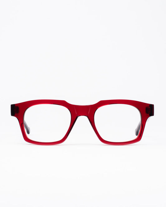 red plastic rectangle eyeglasses by Marie-Sophie Dion model DiMaria, front view, lunettes de vue rectangle couleur bourgogne